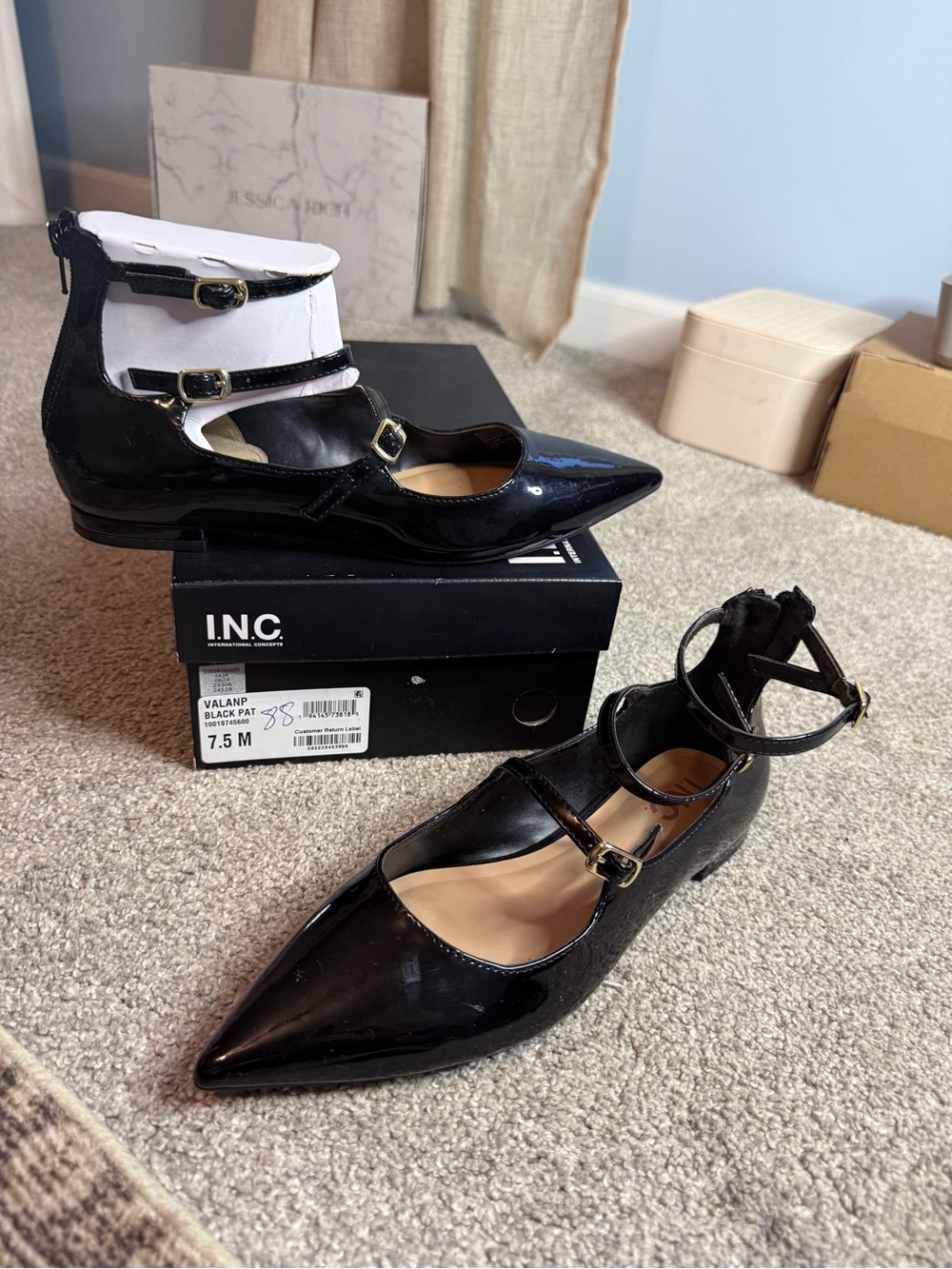 INC International Concepts Black Patent Pointed-Toe Triple-Strap Flats